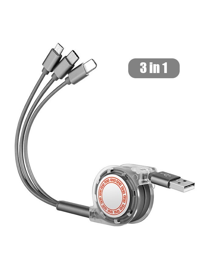 3 in 1 Fast Charging Cable, 1m Soft Silicone Universal Retractable Multiple Charging Cord Adapter with USB Port Connectors, 3A Fast Data Sync Charging  Cable (Gray) - Image 1